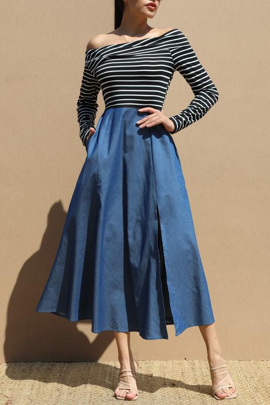 Striped Off-Shoulder Denim Maxi Dress