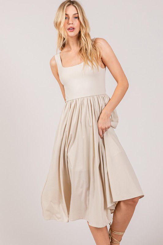 Beige Flowy Midi Dress