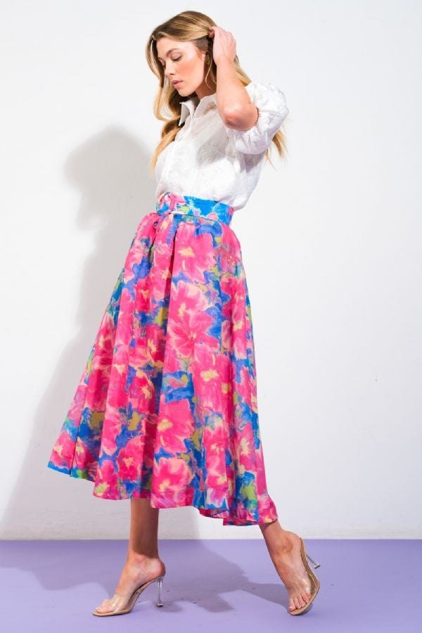 Floral Pink-blue belted skirt