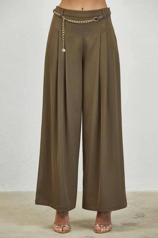 Double Breasted Short Sleeve Woven Jacket Pleated Wide Pants With Gold Chain Belt Set (Pre order)