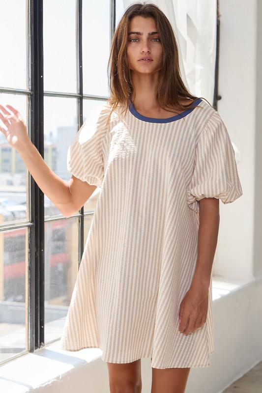 Stripe Print Puff Sleeve Versatile Pullover Dress (Pre order)