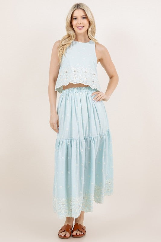 Embroidery Light Blue Crop Top & Skirt