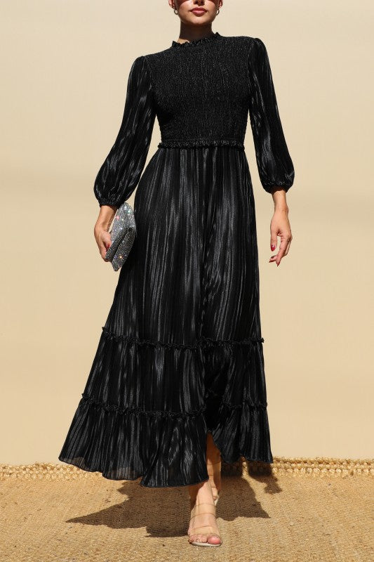 smock top midi dress Black Pleated Smock Top Woven Midi Dress Small