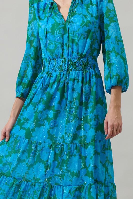 Blue Floral Midi Dress - Tiered Long Sleeve