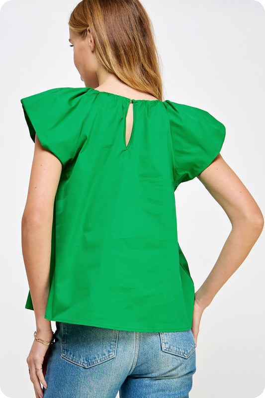 Green v-neck puff sleeves poplin top