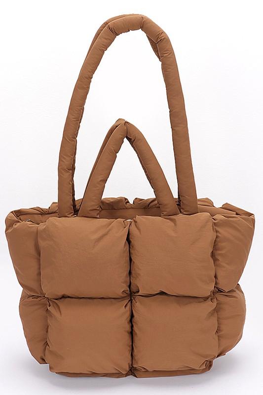 Caramel Quilted Puffer Convertible Tote Bag