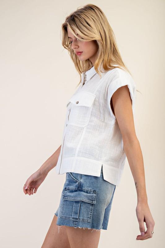 Cotton Gauze Cap Sleeve Blouse Top