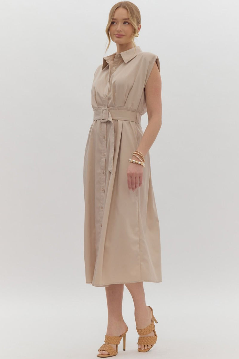 Taupe button down dress with belt