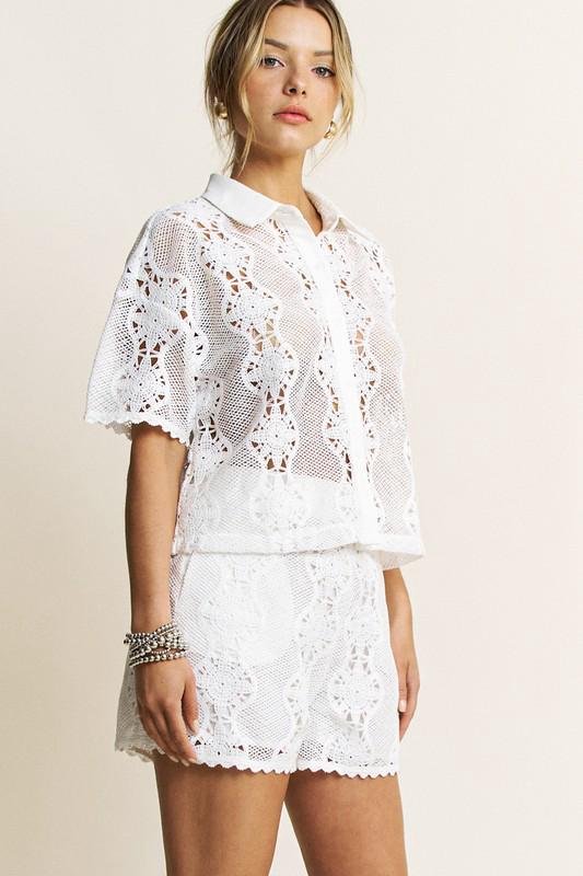 CROCHET LACE BUTTONDOWN SHIRT AND SHORTS SET (Preorder)