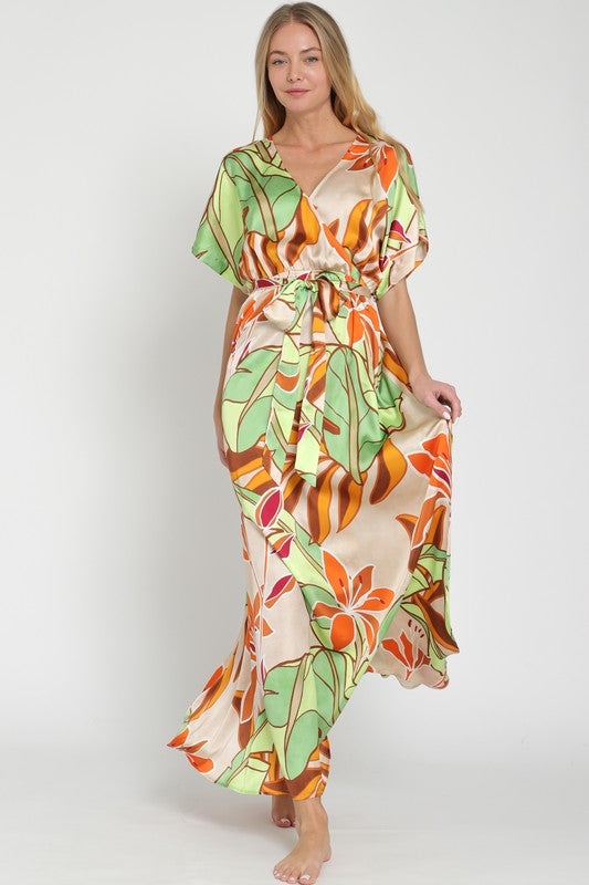 Kimono beige/tangerine/green maxi dress