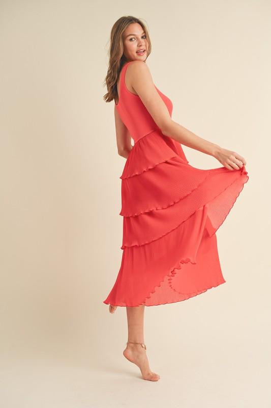 Pleated Layered Orange Red Midi Dress