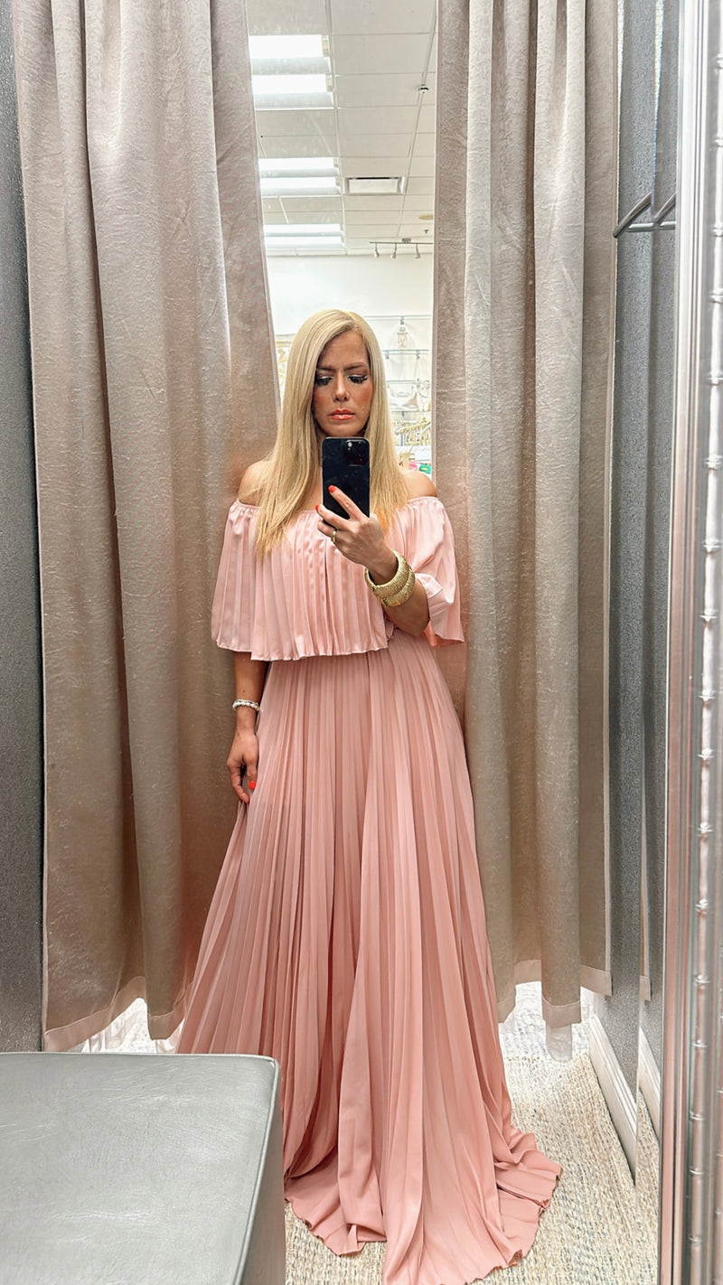 Off shoulder pleated pink bell