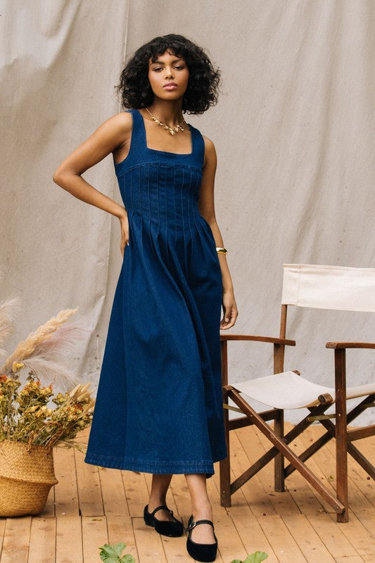 Square neck dark denim maxi dress