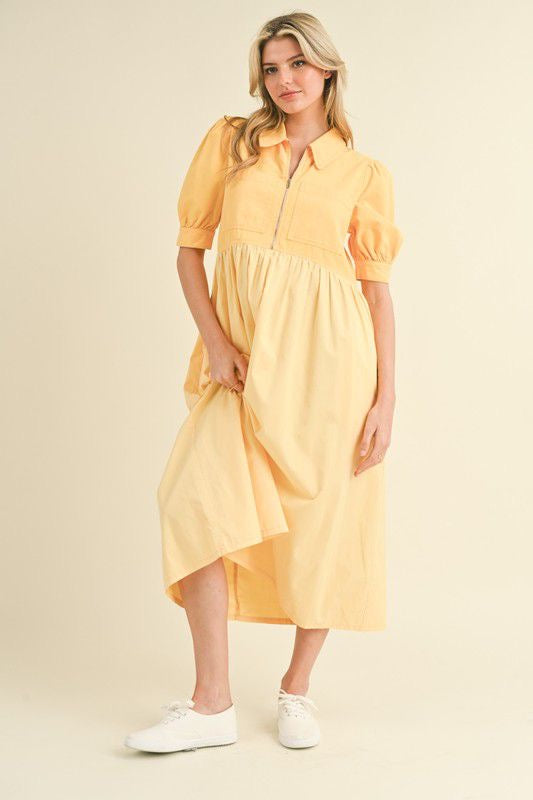 Denim Yellow Zip Up Midi Dress