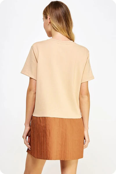 Beige & Brown Pleated Short Dress