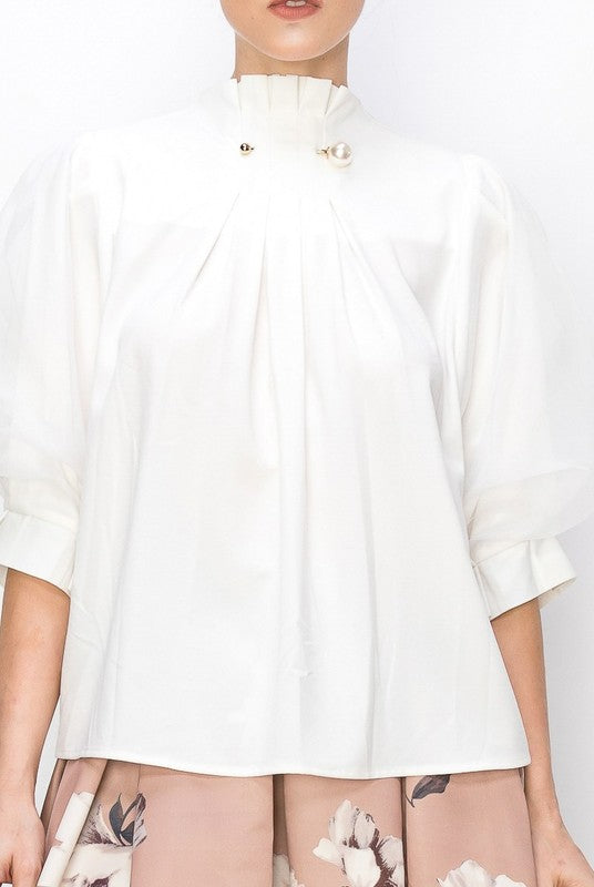 Pearl detail pleated mock neck puff sleeves top