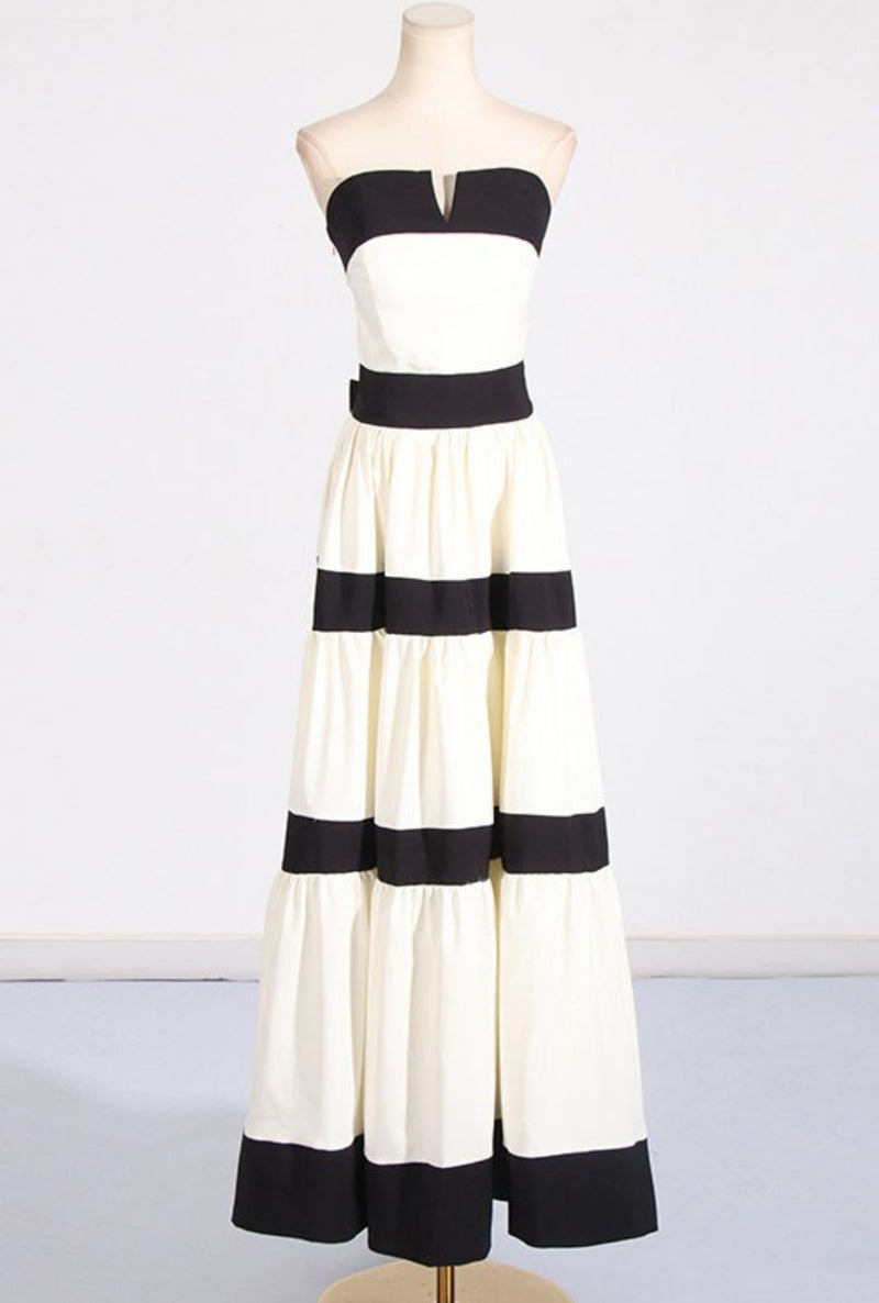 White & Black Strapless Maxi Dress