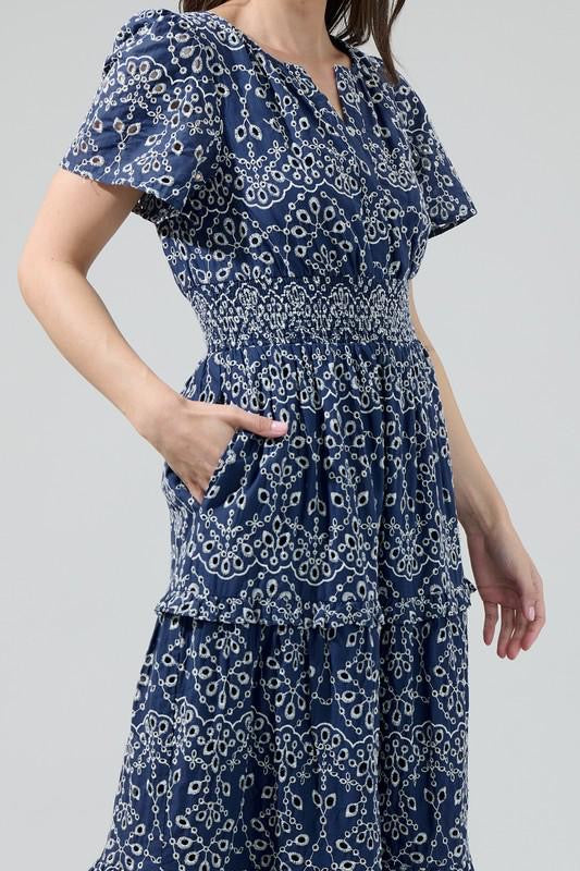 Navy Embroidered Midi Dress