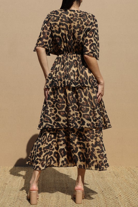 Animal Print V Neck Smocked Maxi Dress