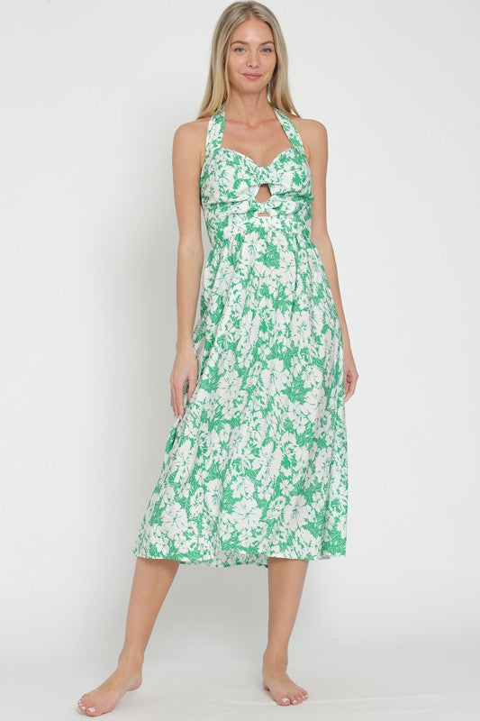 Halter green/white midi dress