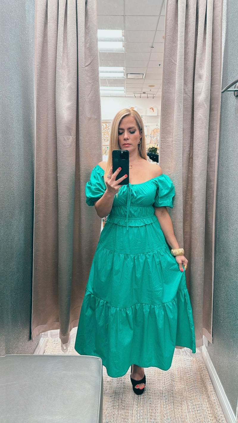 Off shoulder jade green midi dress