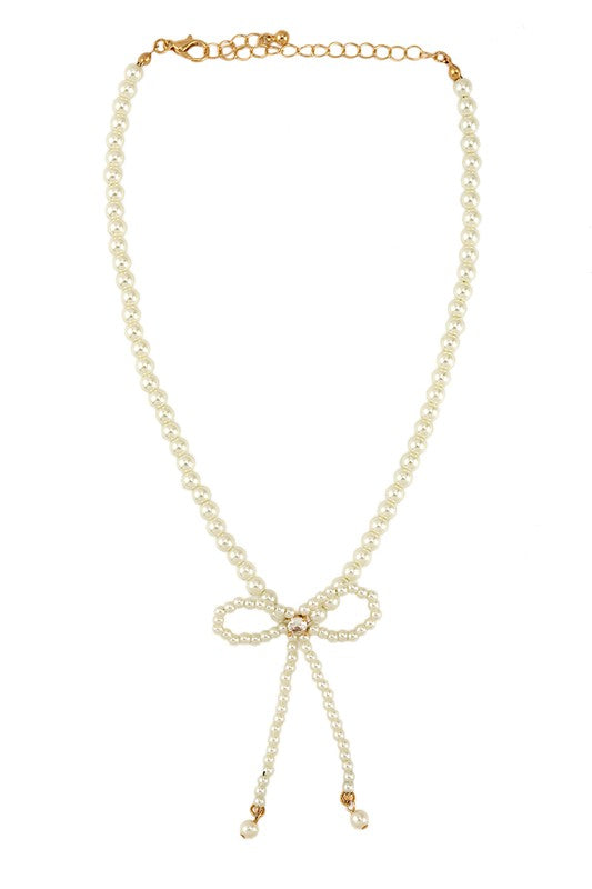 Pearl ribbon cubic charm necklace