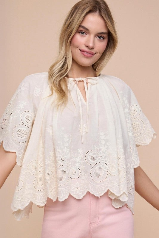 Floral Eyelet Cotton Scalloped Blouse(Pre order) (01/21/26)
