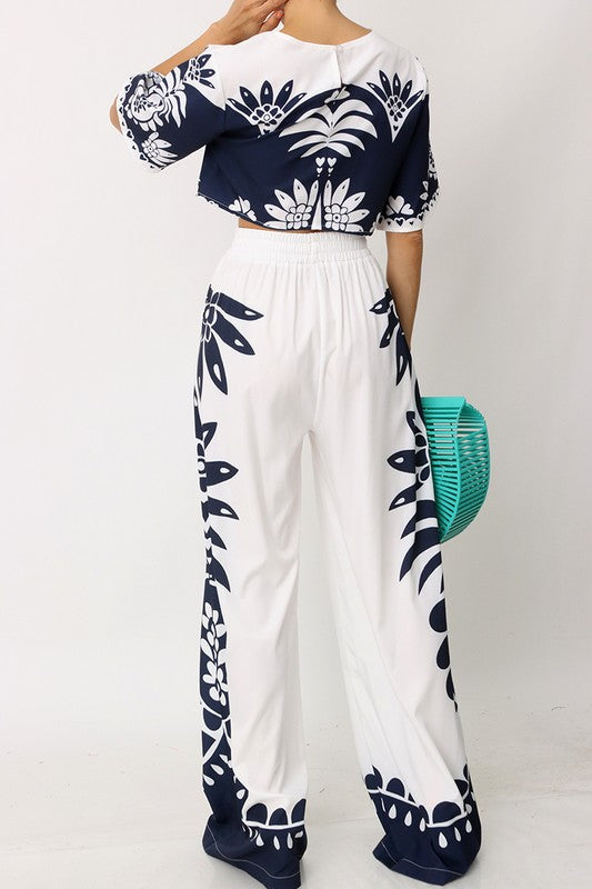 Navy & White Crop Top and Pant Set