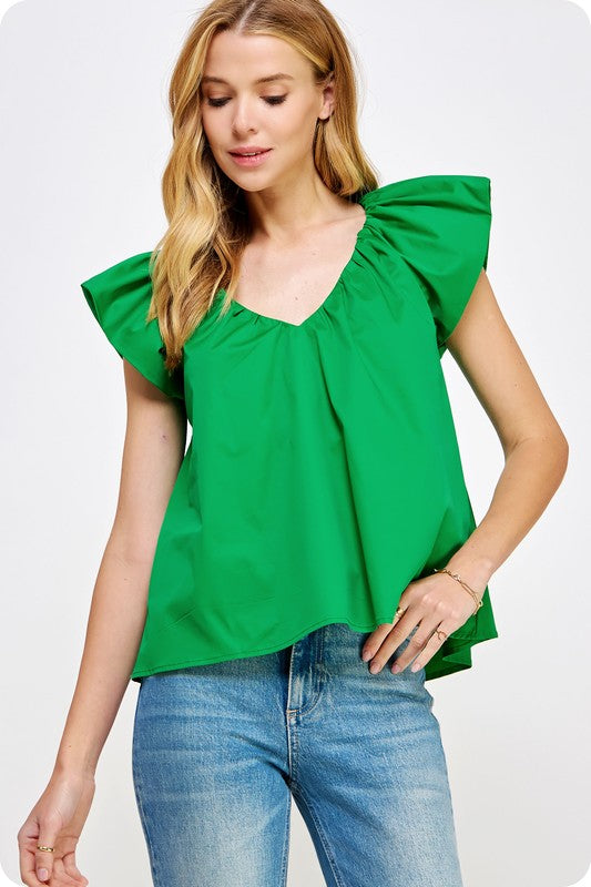 Green v-neck puff sleeves poplin top