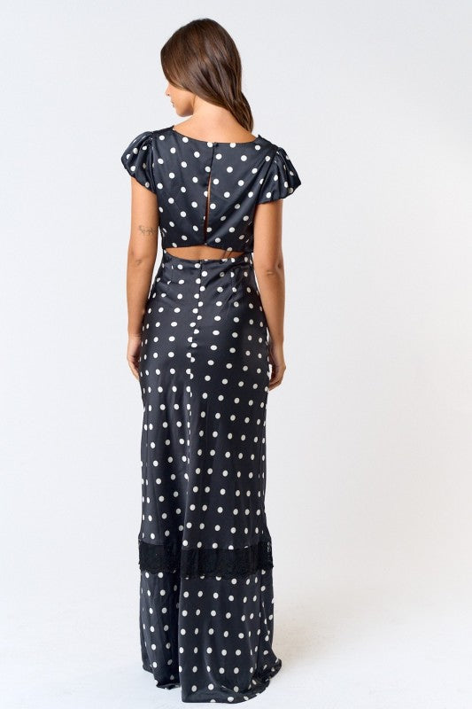 Polka Dot Satin Lacy Maxi Dress(Pre order)