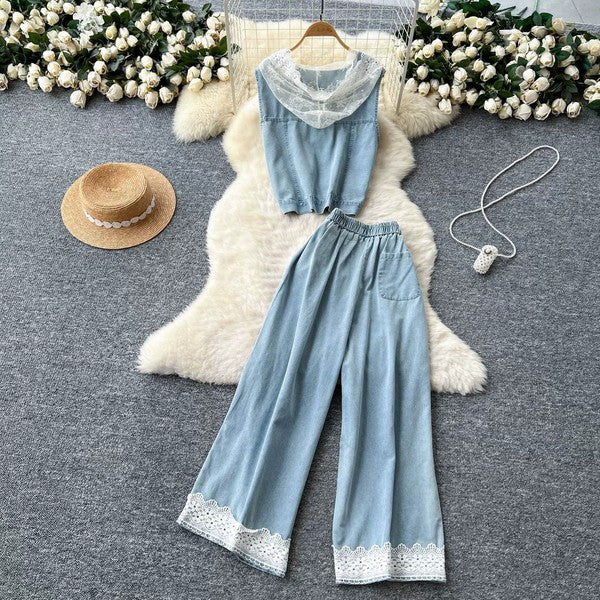 Lace Stitching Sleeveless Denim Set(Pre order)