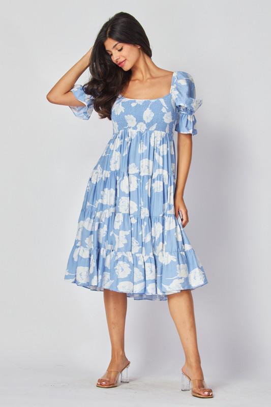 Blue and White Print Midi Dress