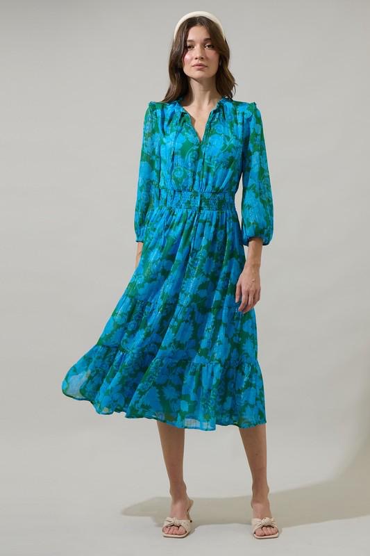 Blue Floral Midi Dress - Tiered Long Sleeve