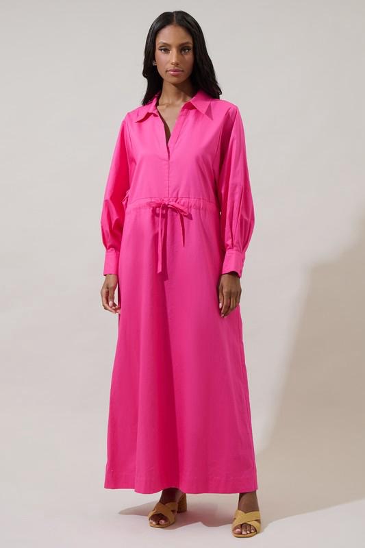 Fuchsia Maxi Shirt Dress with Adjustable Waist