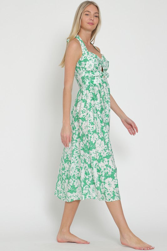 Halter green/white midi dress