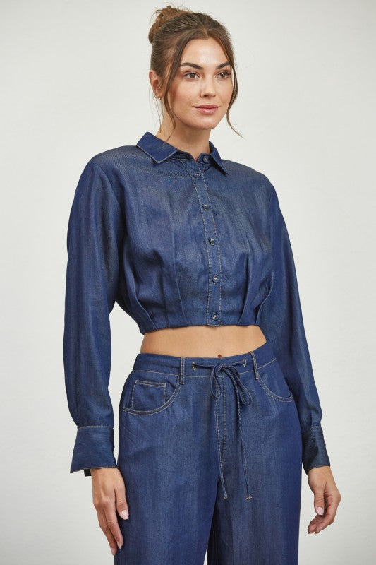Chambray Button Down Pleated Crop Shirt Relaxed Pants With Back Waist Elastic(Pre order)