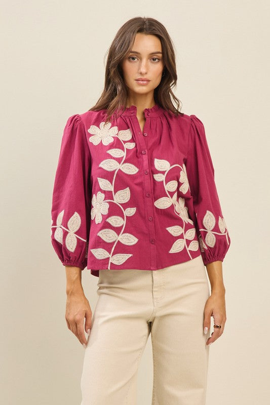 Embroidered Magenta Cotton Blouse (Pre order)