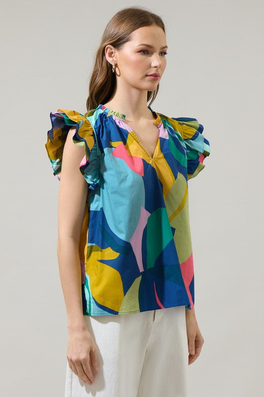 Abstract navy-yellow multicolor top