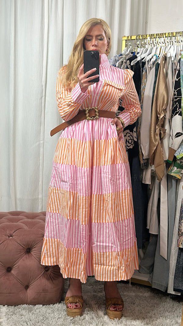 Orange pink striped collar midi dress