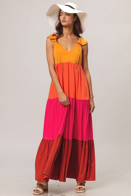 Color Block Apricot Maxi Dress