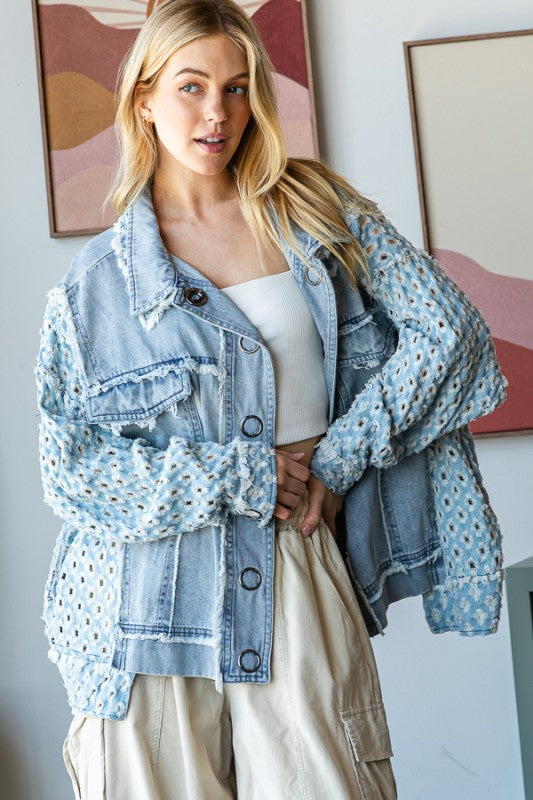 Washed Contrast Sleeve Denim Button Down Jacket(Pre order)