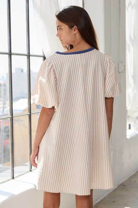 Stripe Print Puff Sleeve Versatile Pullover Dress