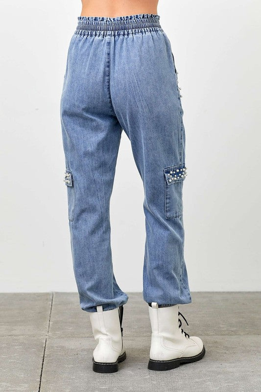 Denim Jogger Pants With Pearl Stud Detail