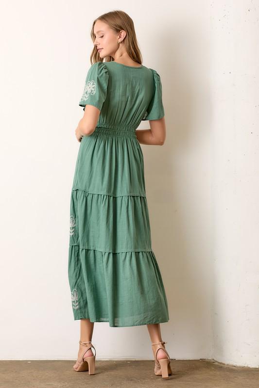 Sage Embroidered Boho Maxi Dress