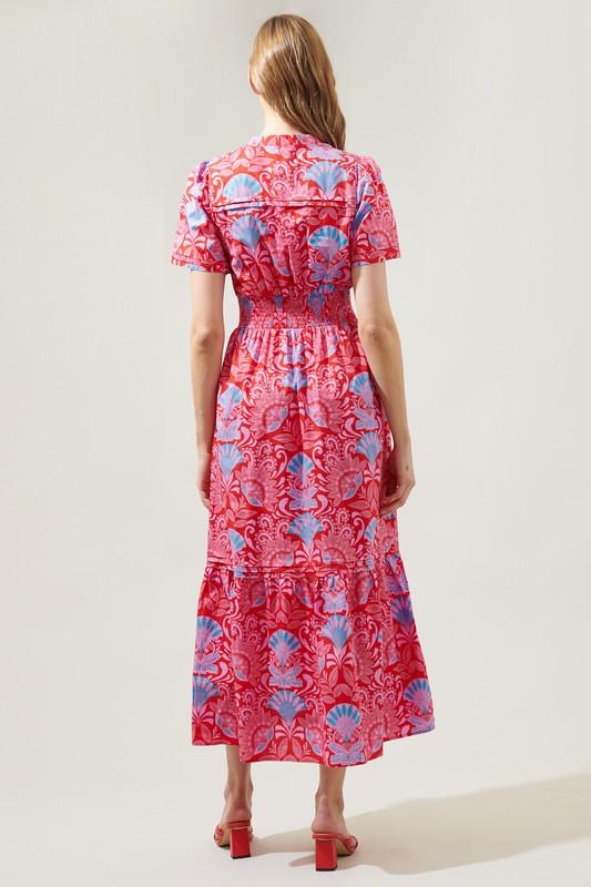 Red, Pink & Blue Print Midi Dress