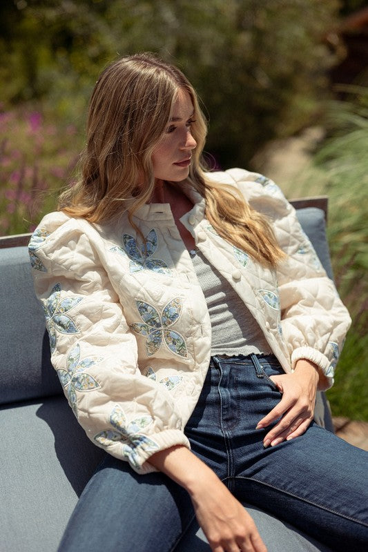 Quilted patchwork floral cream-blue jacket