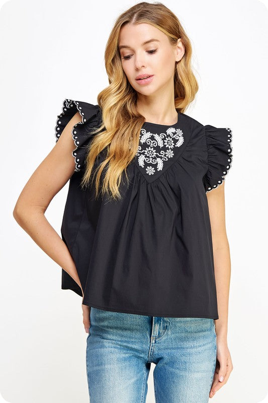 Black contrast embroidered eyelet sleeveless poplin top