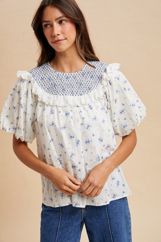 Contrast Stitching Smocked Floral Print Blouse(Pre order) (01/21/26 )