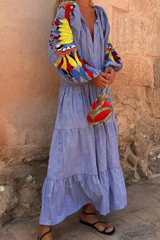 Boho Parrot Embroidered Dress