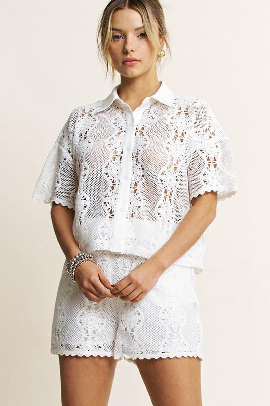 CROCHET LACE BUTTONDOWN SHIRT AND SHORTS SET (Preorder)